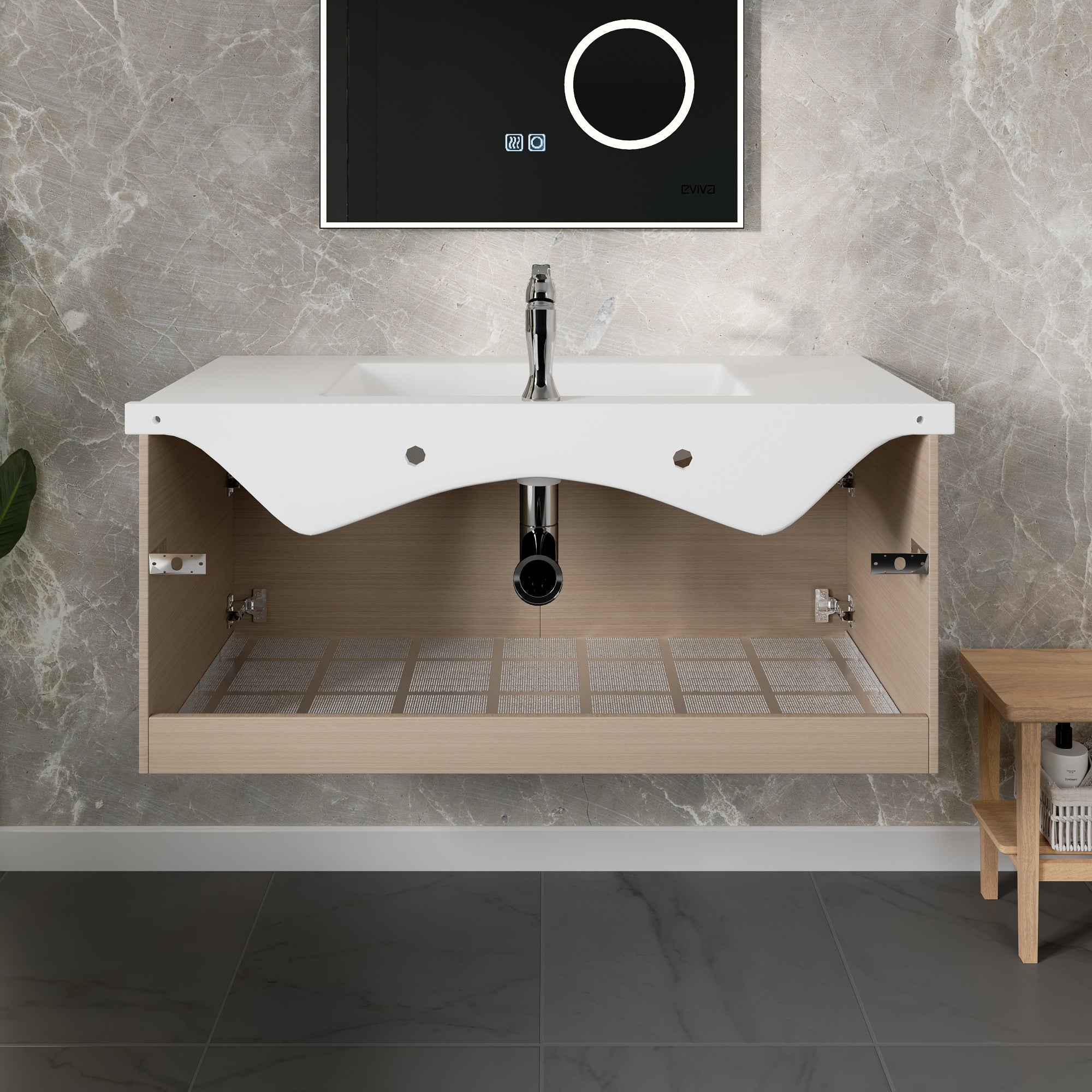 Orleans 38 in. Light Oak Wall Mount Single Sink Bath Vanity with Porcelain Top and Integrated Sink