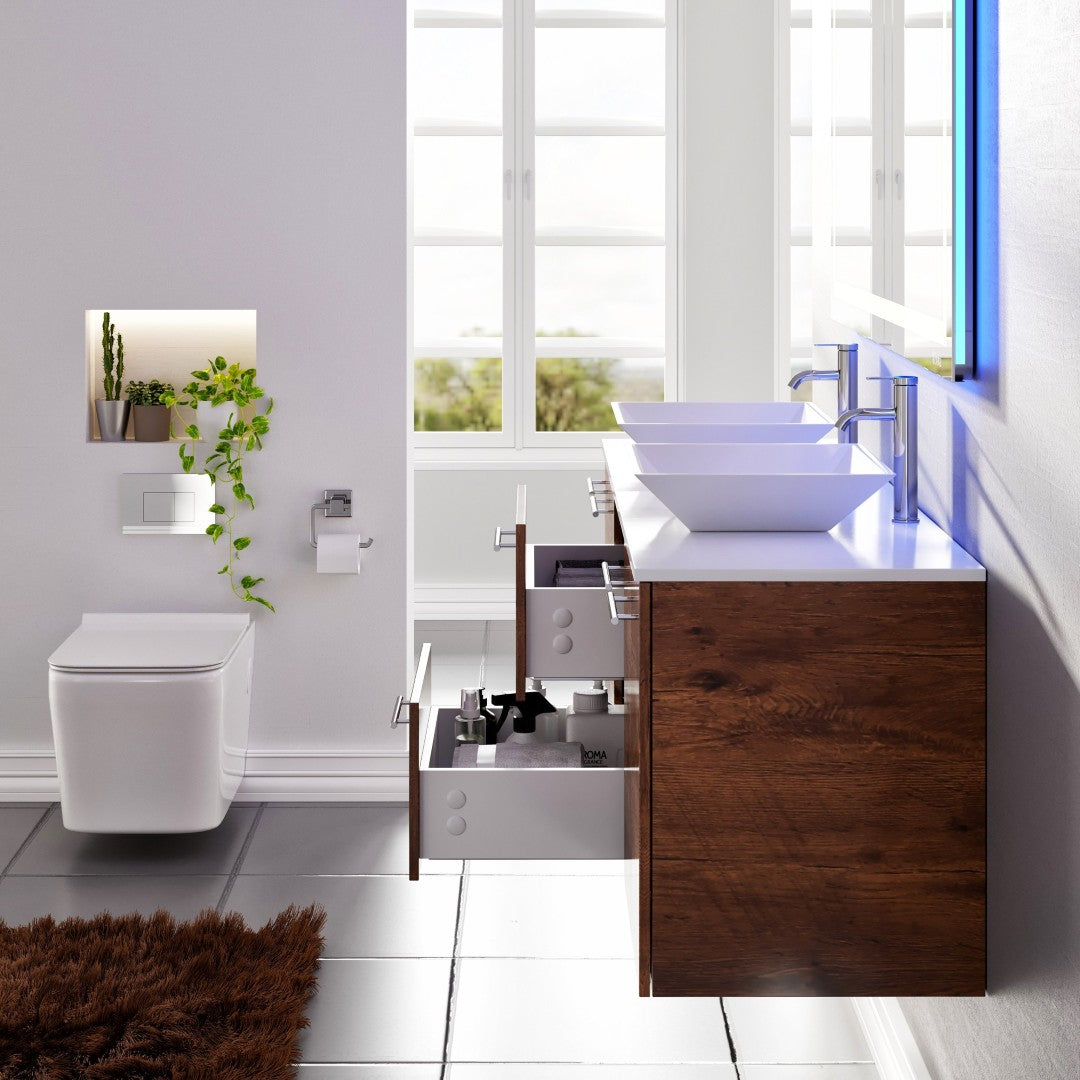 Lux 60 in. Rosewood Wall Mount Double Sink Bath Vanity with White Quartz Top and Vessel Porcelain Sinks