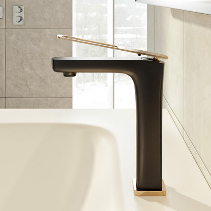 Eviva Rose Single-Handle Waterfall Single-Hole Batrhoom Faucet with Gold Handle and Deckplate Included in Matte Black