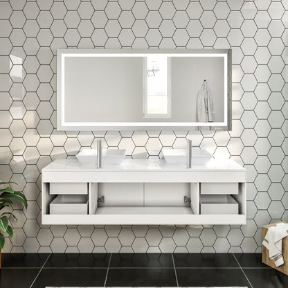 Wave 72 in. White Wall Mount Double Sink  Bath Vanity with White Quartz Top and Vessel Porcelain Sinks