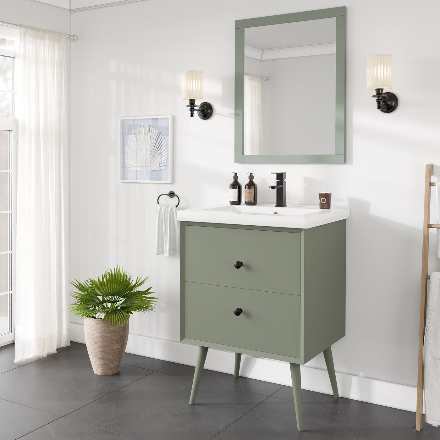 Green 24"W x 18"D Vintage Green Bathroom Vanity with White Porcelain Countertop and Integrated Sink