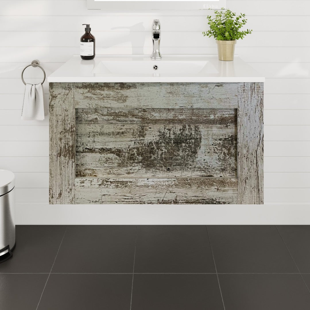 Capri 32 in. Vintage Ash Wall Mount Single Sink Bath Vanity with Porcelain Top and Integrated Sink