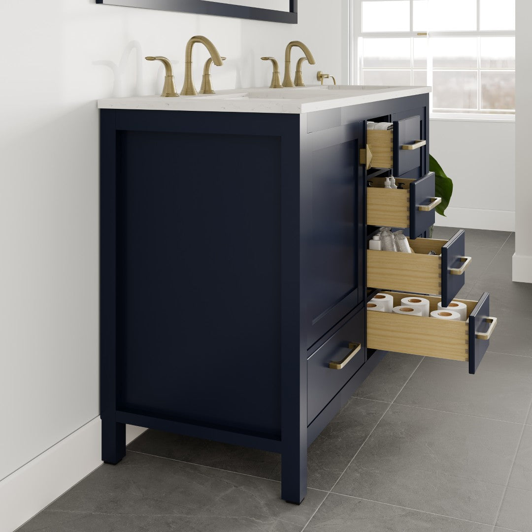 Aberdeen 48 in. Blue Double Sink  Bath Vanity with Carrara Quartz Top and Undermount Porcelain Sinks