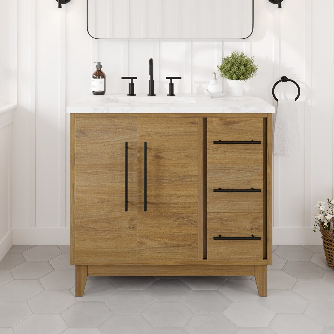 Graham 36 in. Oak Single Sink Bath Vanity with Arabescato Engineered Stone Top and Undermount Porcelain Sink