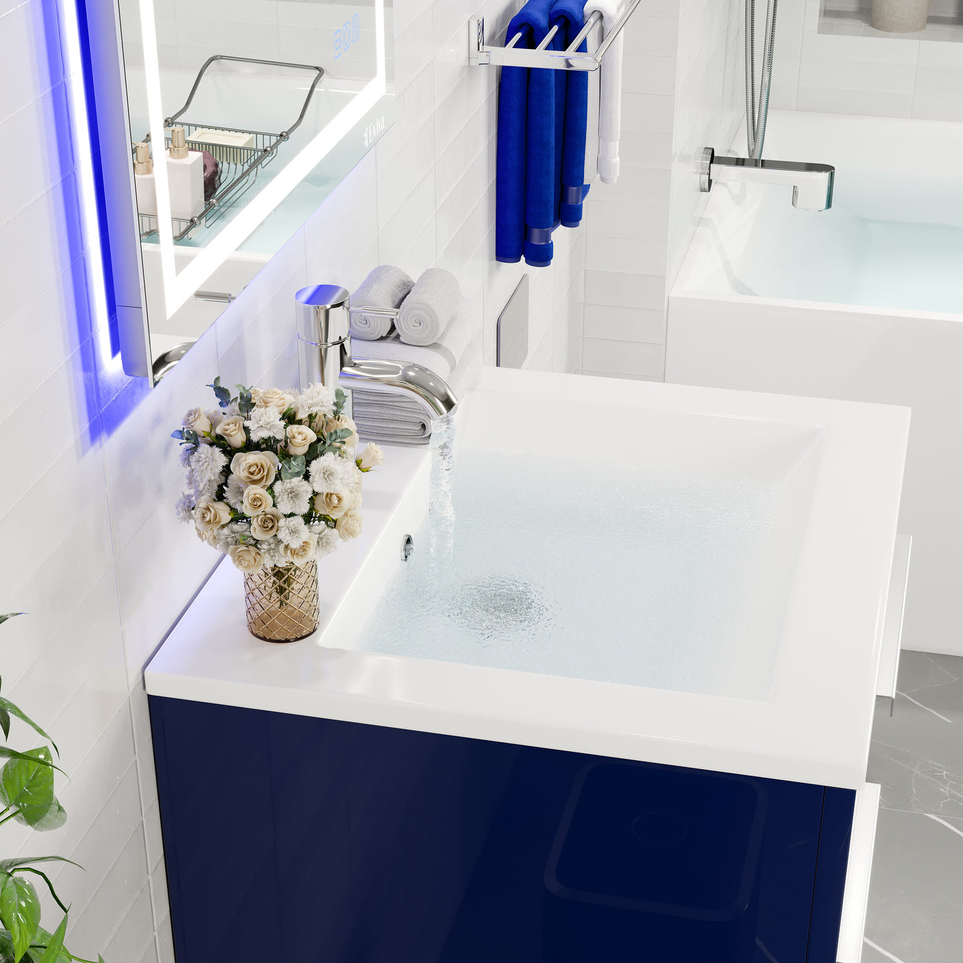 Deluxe 24"W x 18"D Blue Bathroom Vanity with White Porcelain Countertop and Integrated Sink