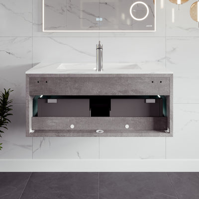 Vista 36"W x 23"D Concrete Gray Wall Mount Bathroom Vanity with White Carrara Quartz Countertop and Undermount Porcelain Sink