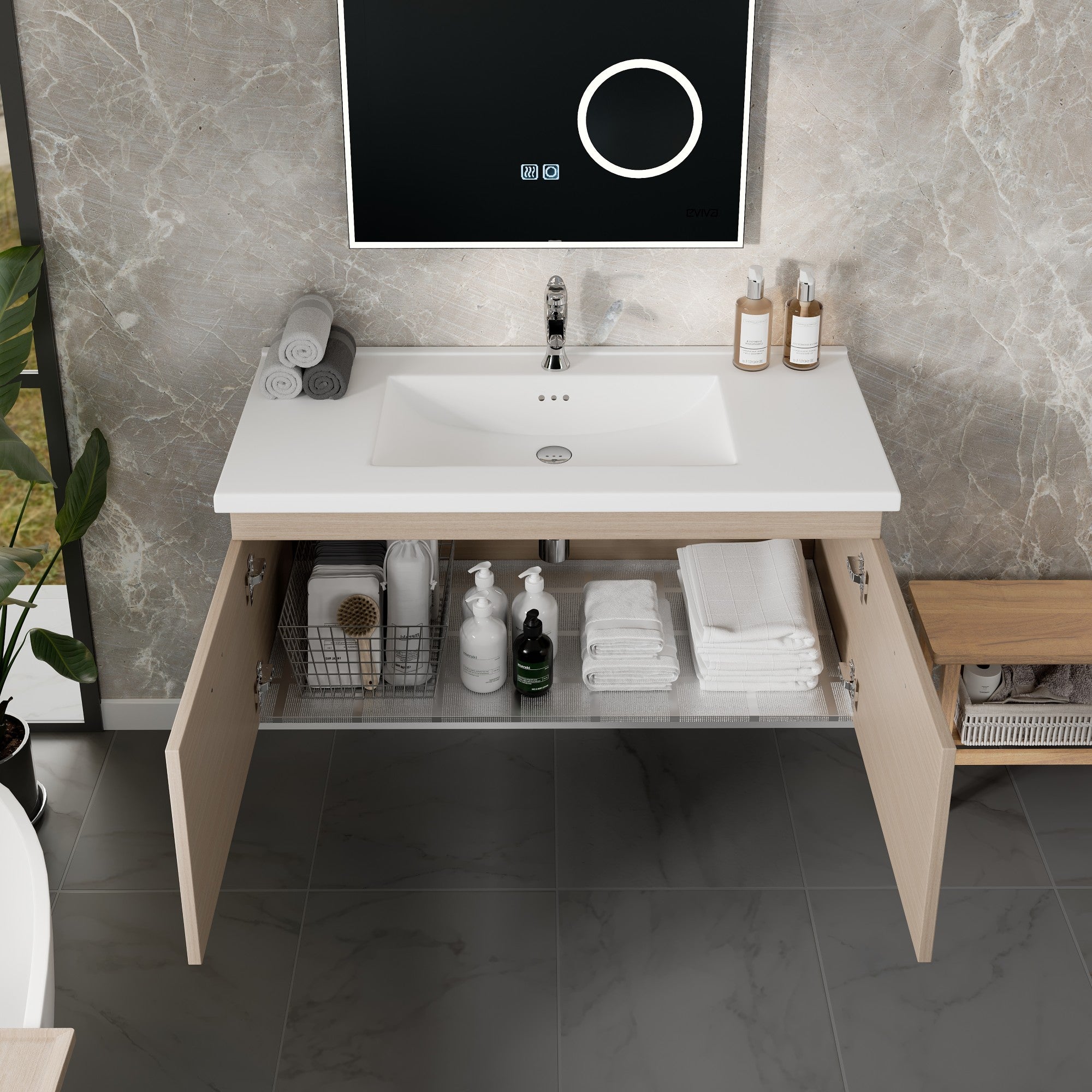 Orleans 38 in. Light Oak Wall Mount Single Sink Bath Vanity with Porcelain Top and Integrated Sink