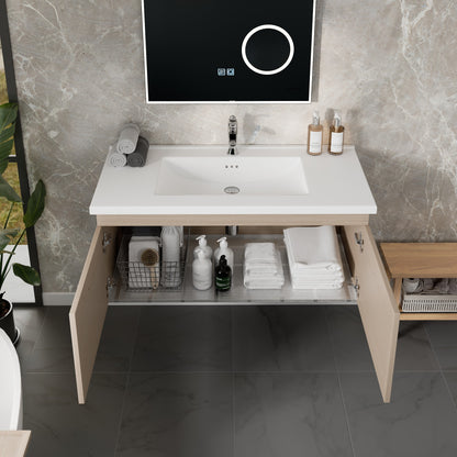 Orleans 38 in. Light Oak Wall Mount Single Sink Bath Vanity with Porcelain Top and Integrated Sink