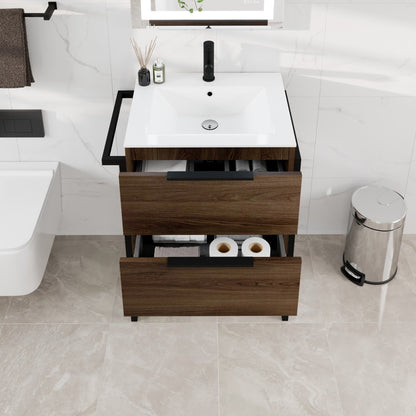 Marina 27 in. Dark Walnut Single Sink Bath Vanity with Porcelain Top and Integrated Sink