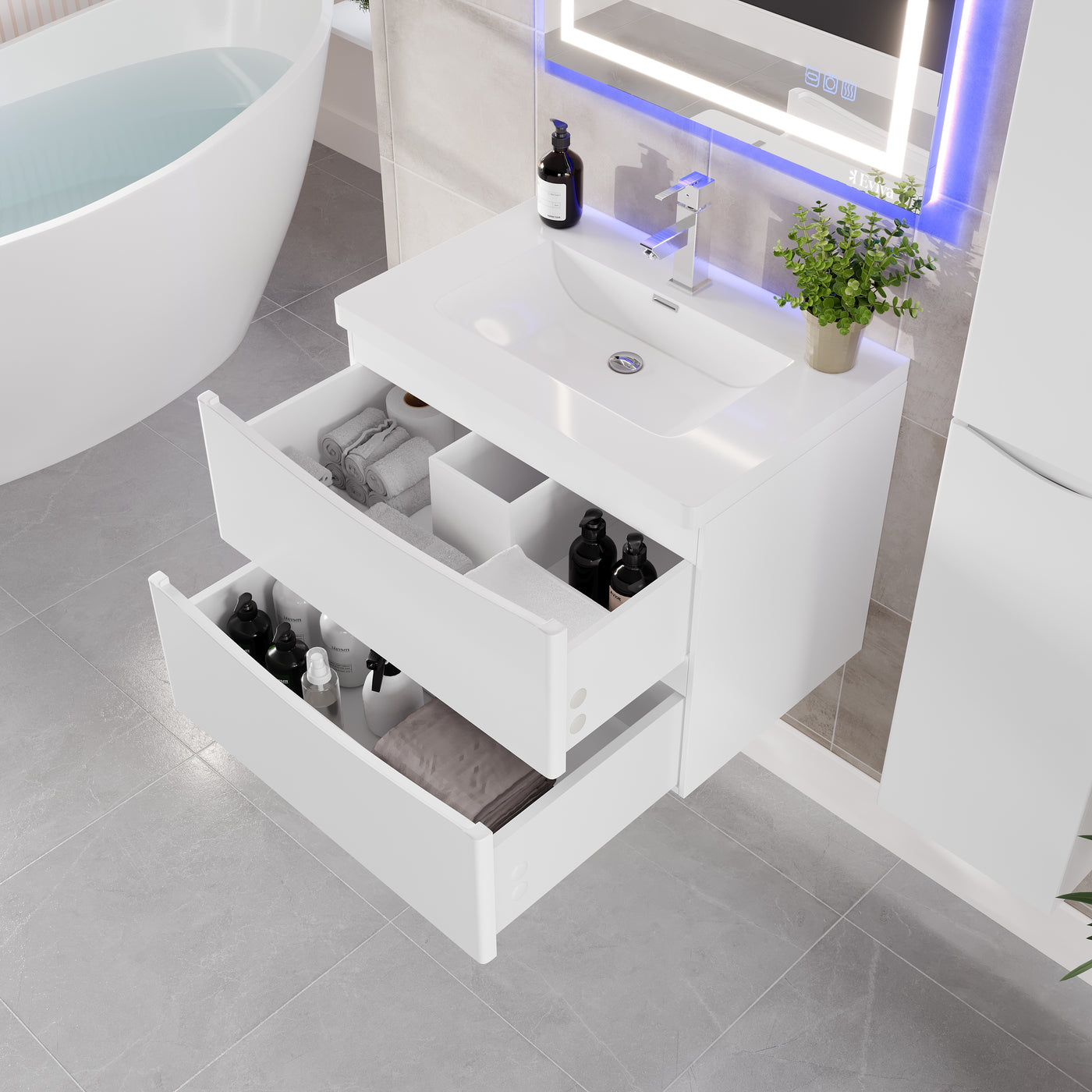 Glazzy 30"W x 19"D White Wall Mount Bathroom Vanity with White Acrylic Countertop and Integrated Sink