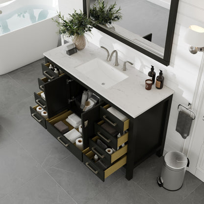 Aberdeen 54 in. Espresso Single Sink Bath Vanity with Carrara Quartz Top and Undermount Porcelain Sink