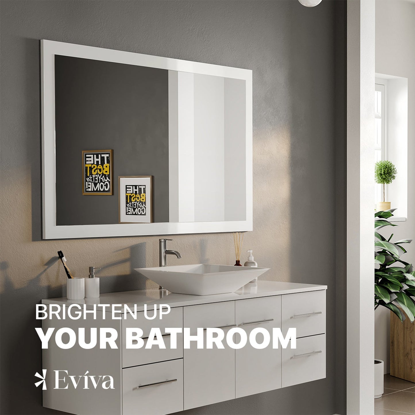 Eviva Sun 48" Glossy White Full Framed Bathroom Wall Mirror