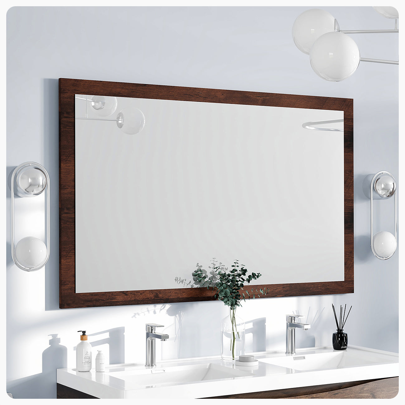 Eviva Sun 48"W x 30"H Rectangular Mirror with Brown Wooden Frame