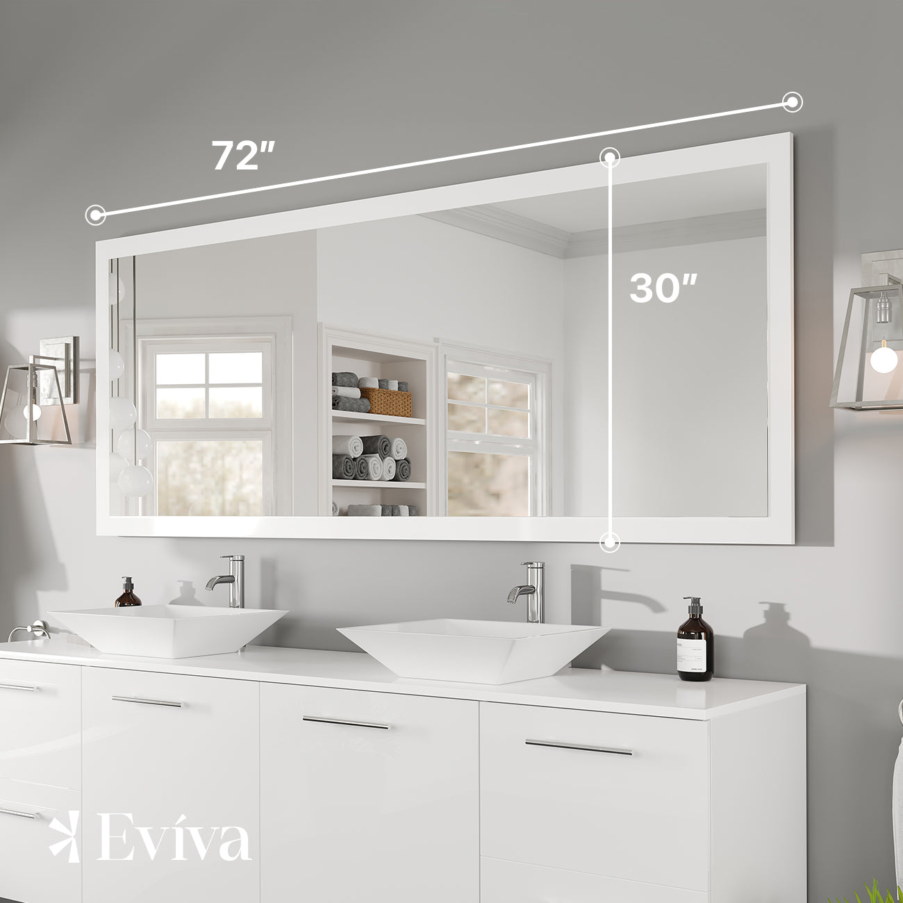 Eviva Sun 72"W x 30"H Rectangular Mirror with White Wooden Frame