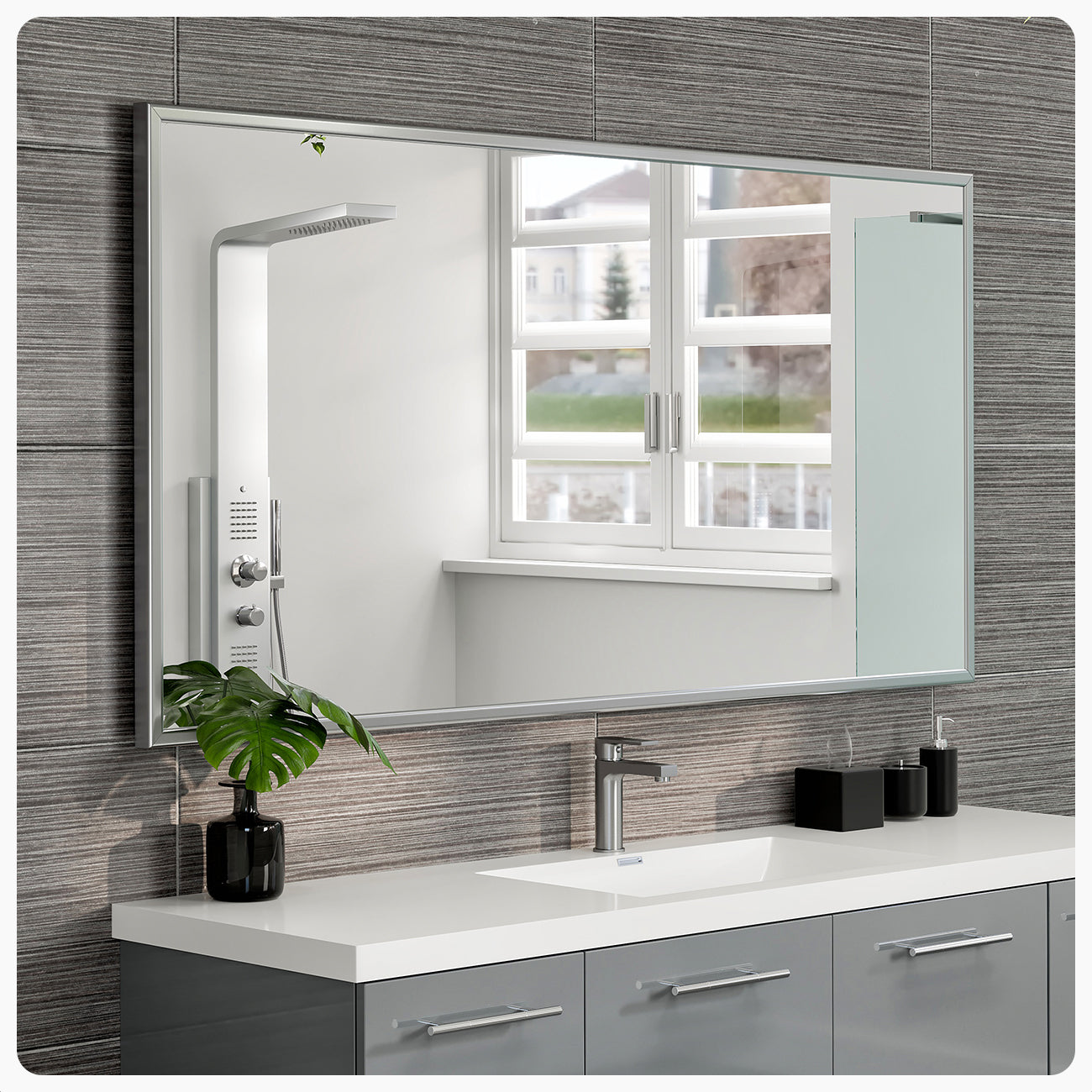 Eviva Sax 60" Brushed Chrome Metal Frame Bathroom Wall Mirror