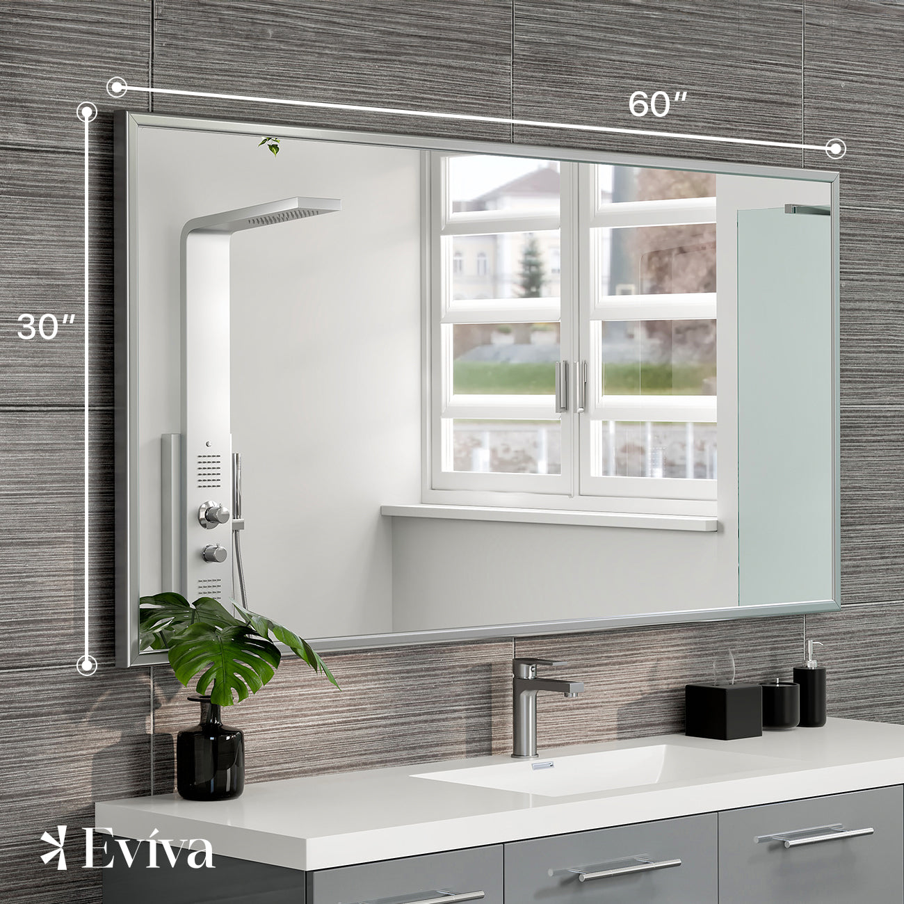 Eviva Sax 60"W x 30"H Rectangular Mirror with Brushed Nickel Aluminum Frame