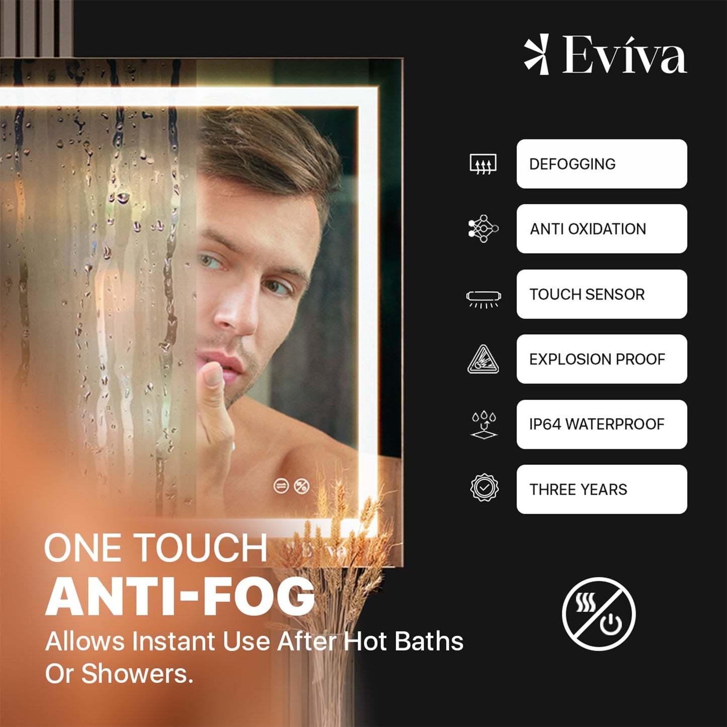 Eviva LED Bathroom Mirror with Lights and Anti Fog for Shower