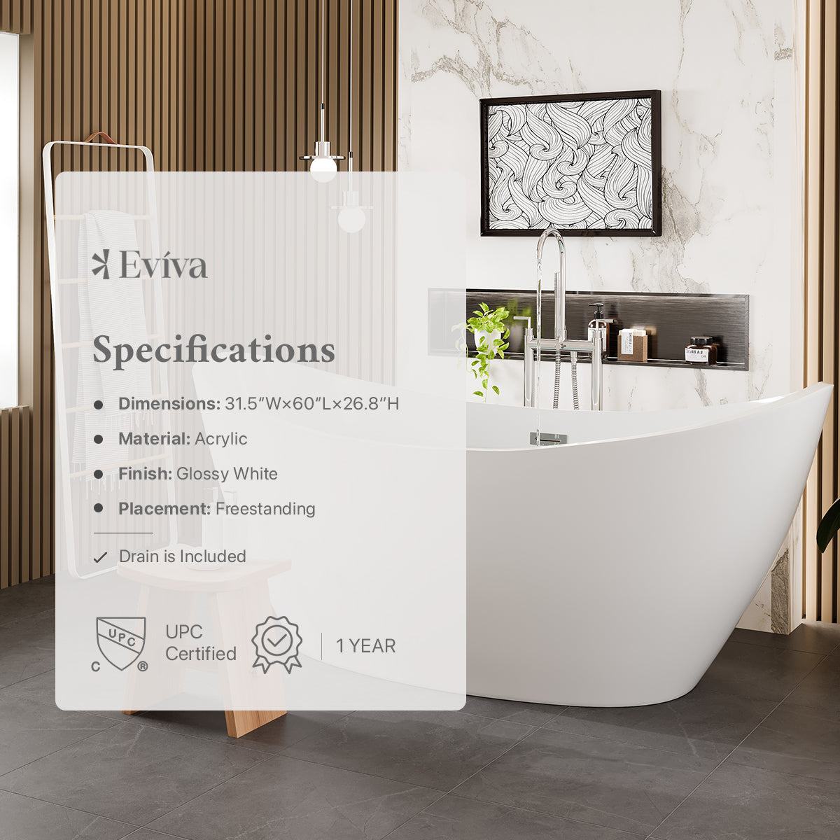 Eviva Bella 60" White Acrylic Free Standing Bathtub