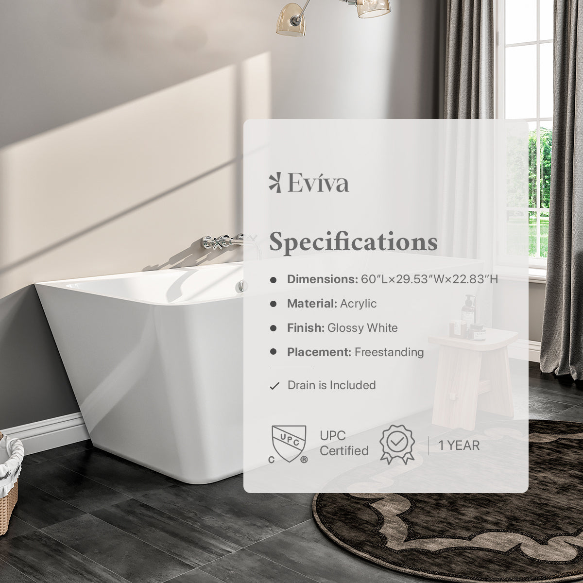 Eviva Essence 60 inch White Acrylic Free Standing Bathtub