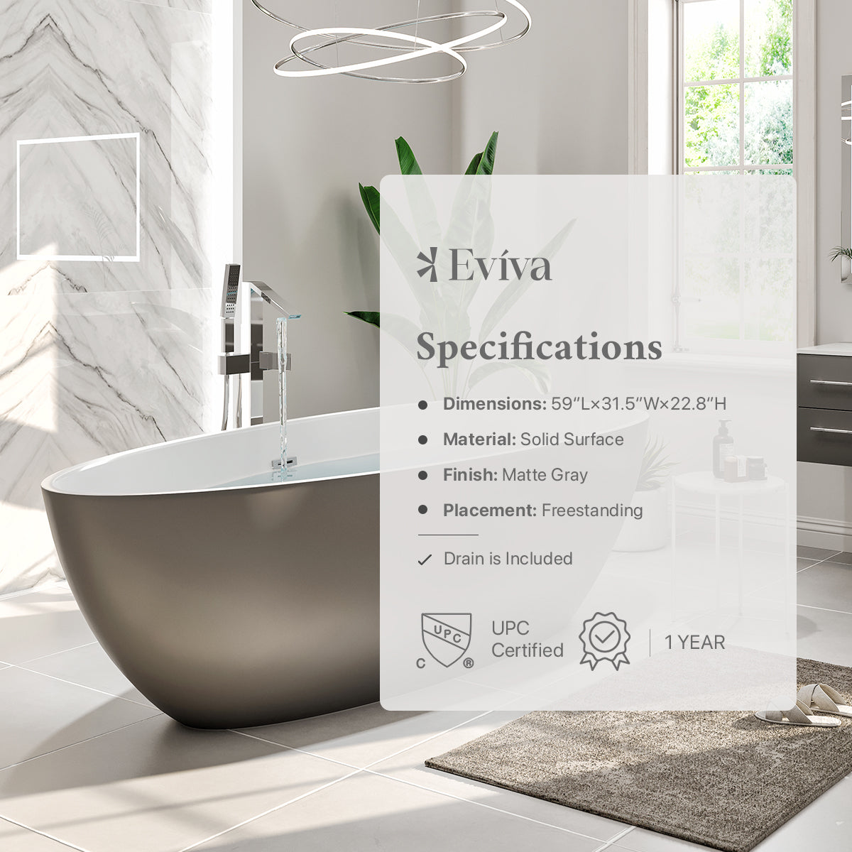 Eviva Viva 60" Solid Surface Gray & White Freestanding Bathtub