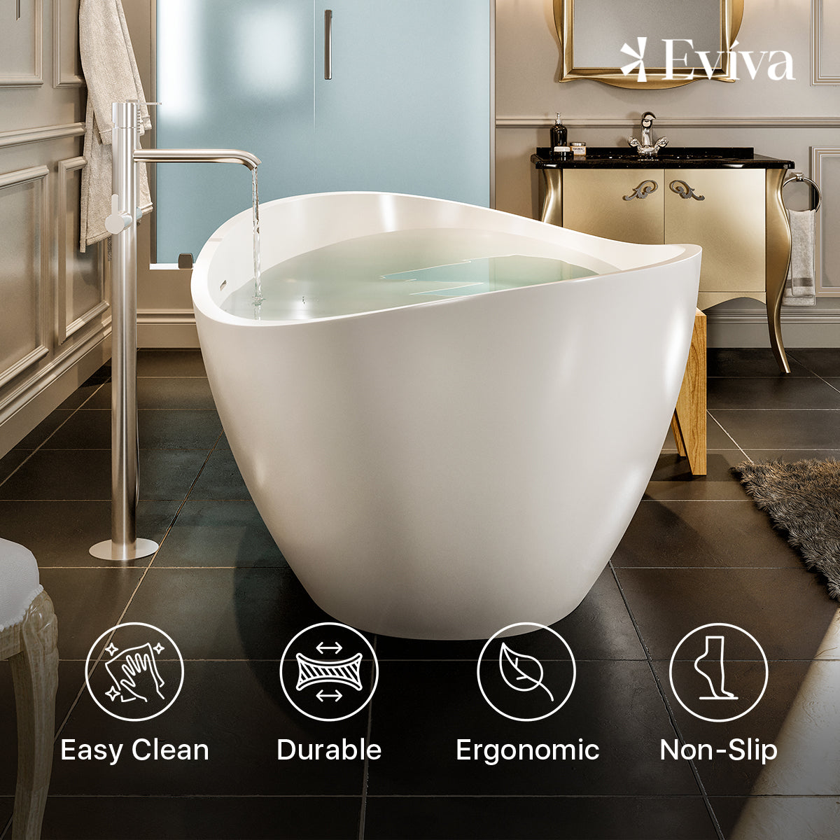 Eviva Cloud 63 Inch Solid Surface Freestanding Bathtub in Matte White