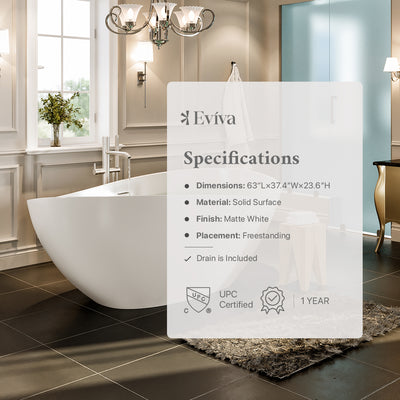 Eviva Cloud 63 Inch Solid Surface Freestanding Bathtub in Matte White