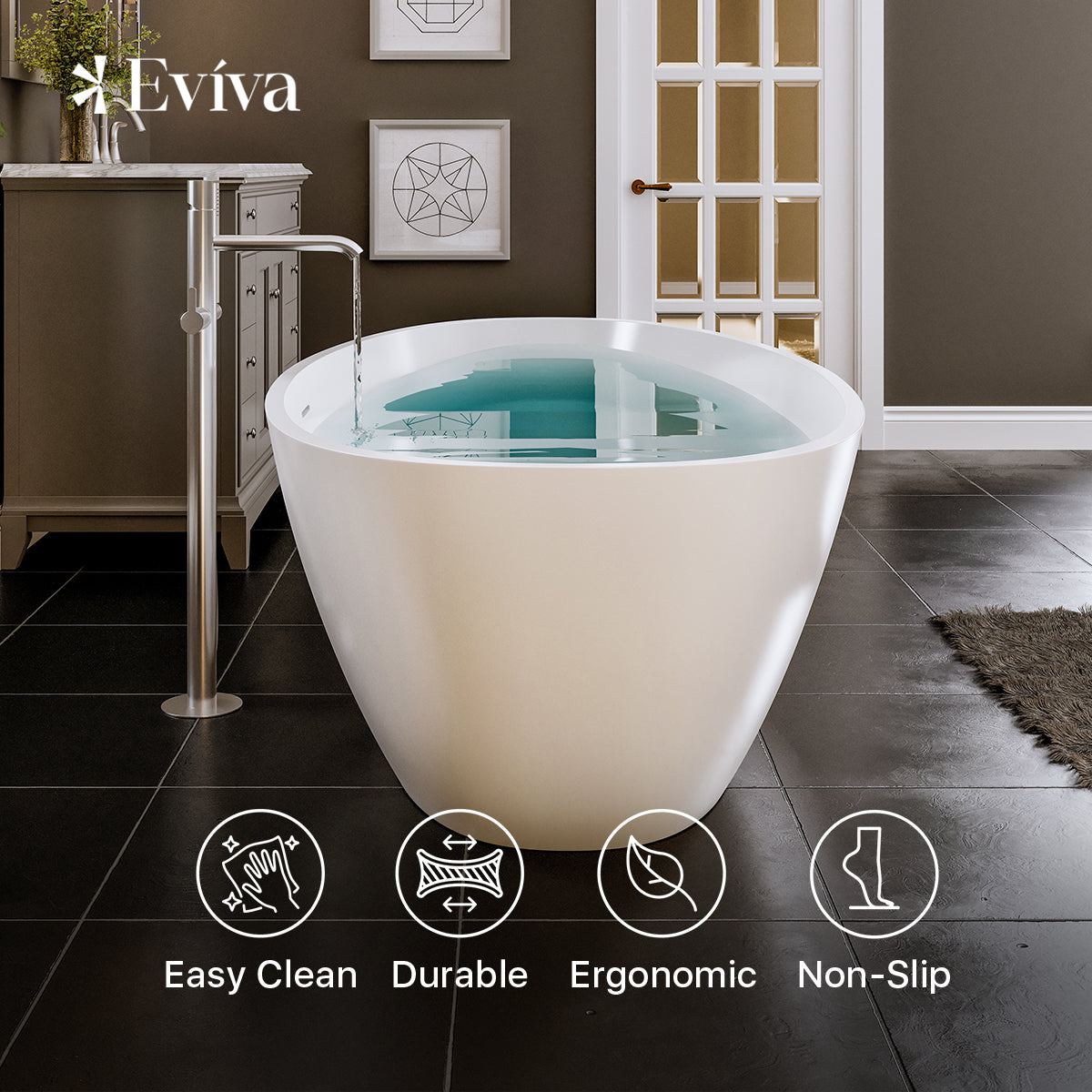 Eviva Mirage 65 Inch Solid Surface Freestanding Bathtub in Matte White