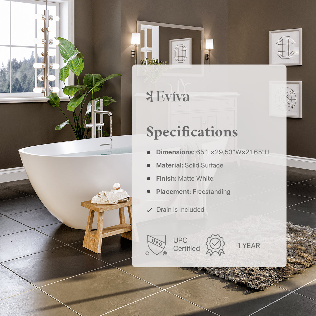 Eviva Mirage 65 Inch Solid Surface Freestanding Bathtub in Matte White