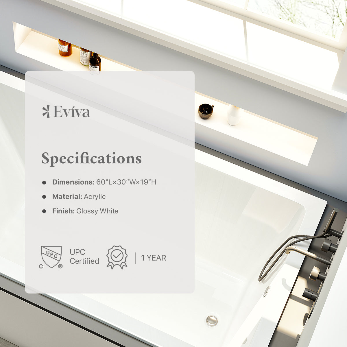 Eviva Teddy 59" Glossy White Rectangle Acrylic Drop In Bathtub