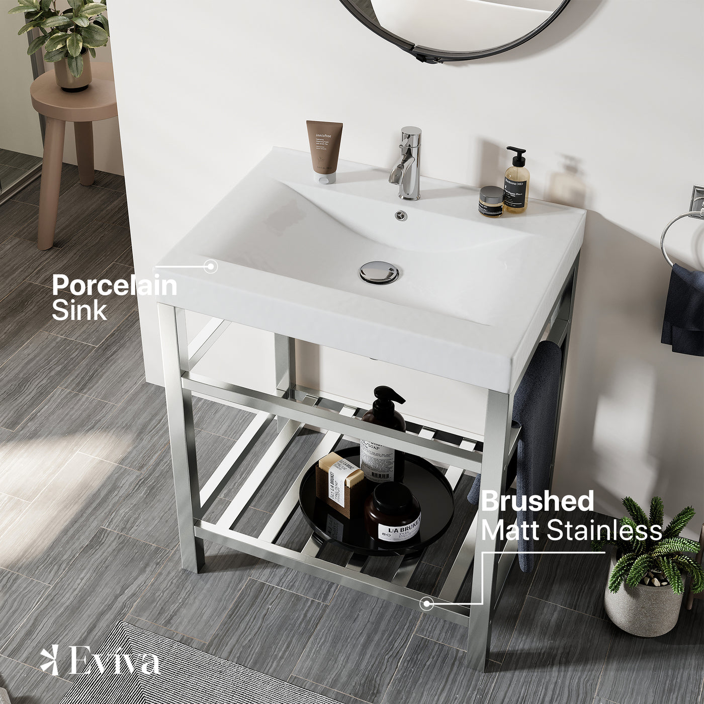 Stone 24"W x 19"D Brushed Matte Stainless Bathroom Vanity with White Porcelain Countertop and Integrated Sink