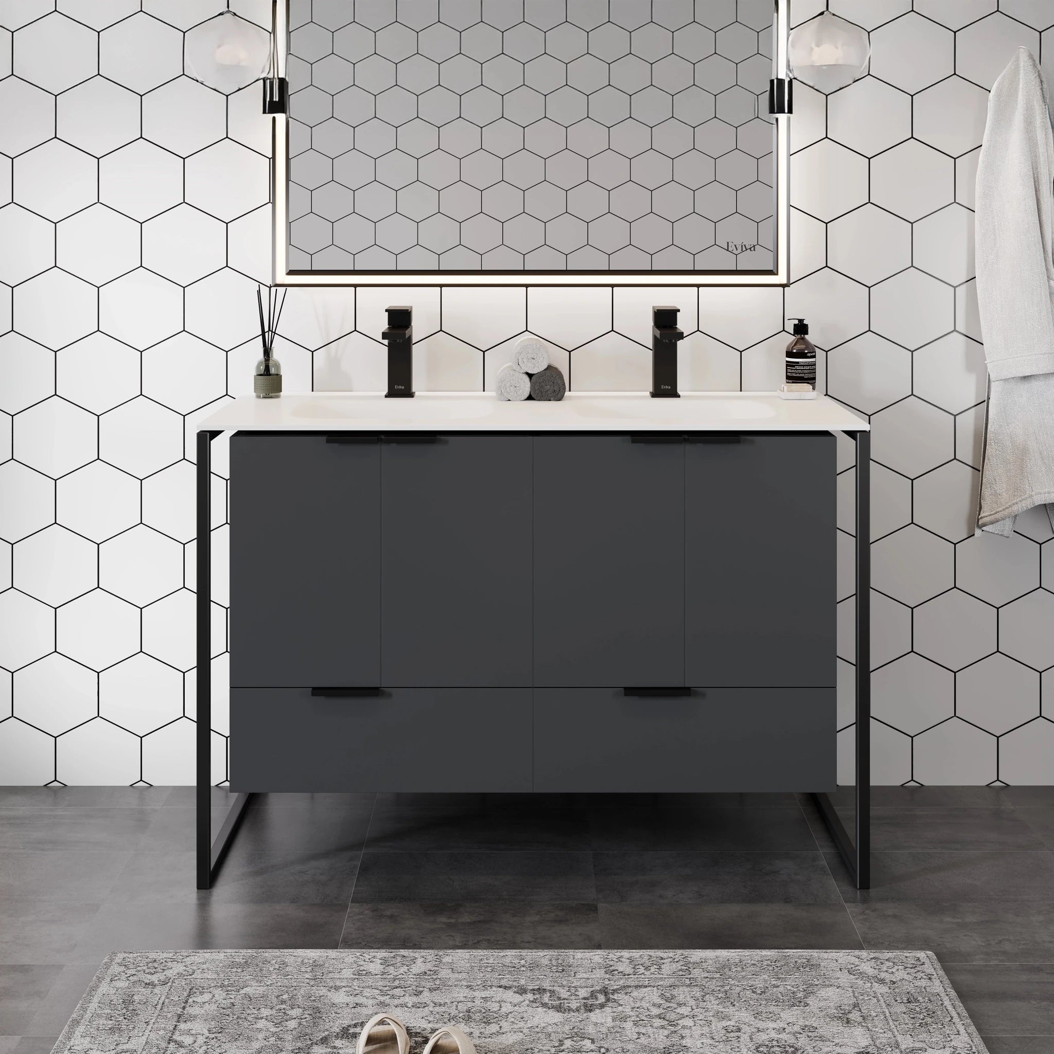 Onyx 48 in. Gray Wall Mount Double Sink Bath Vanity with Solid Surface Top and Integrated Sinks - Bathroom Vanity by Eviva