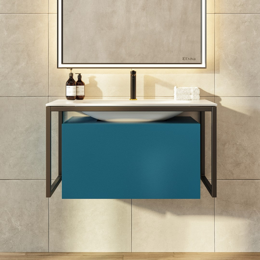 Modena 32 in. Blue Wall Mount Single Sink Bath Vanity with Solid Surface Top and Integrated Sink