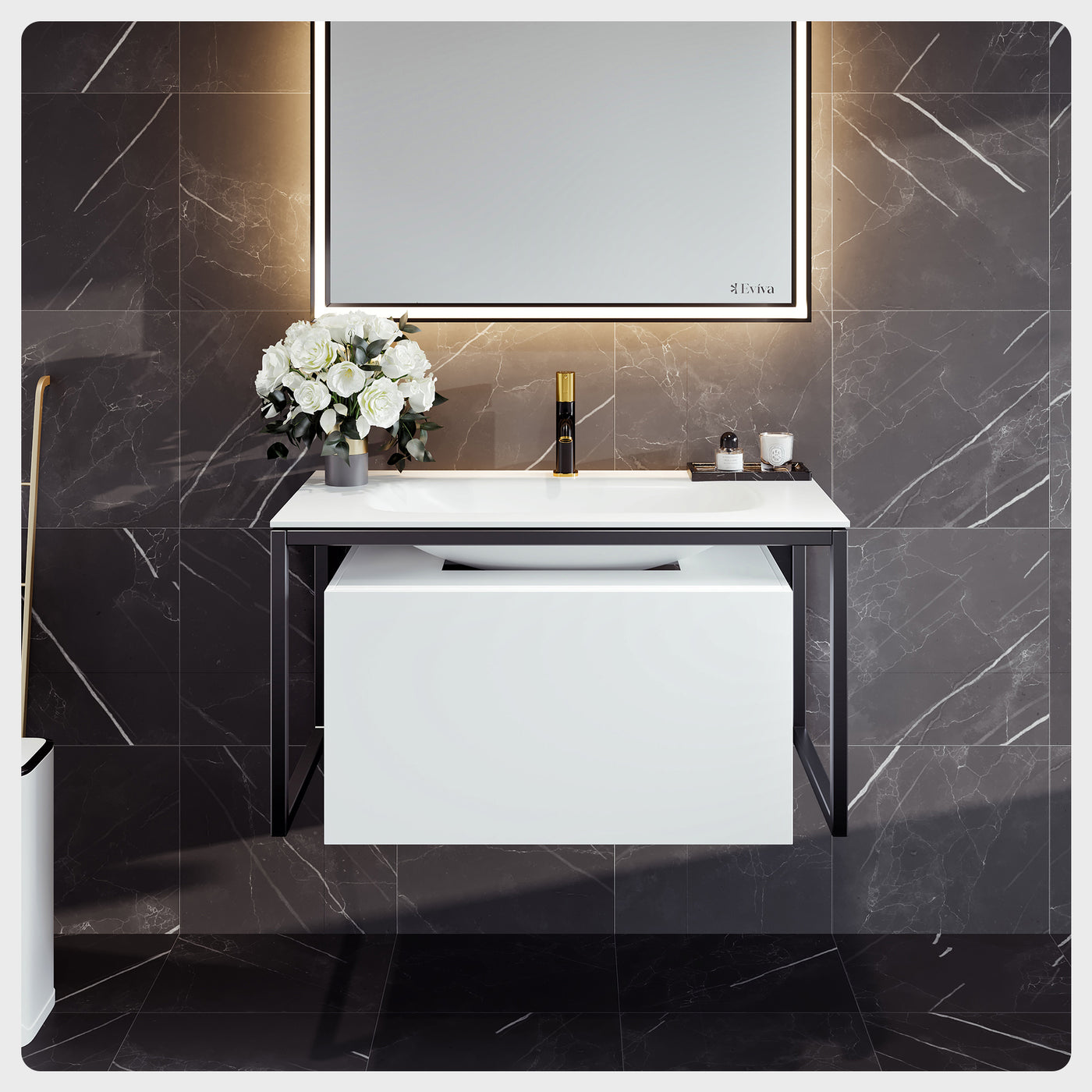 Modena 32"W x 18"D White Wall Mount Bathroom Vanity with White Solid Surface Countertop and Integrated Sink