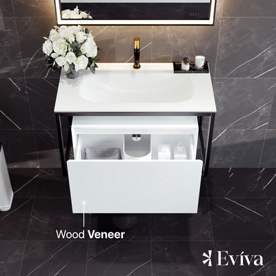 Modena 32"W x 18"D White Wall Mount Bathroom Vanity with White Solid Surface Countertop and Integrated Sink