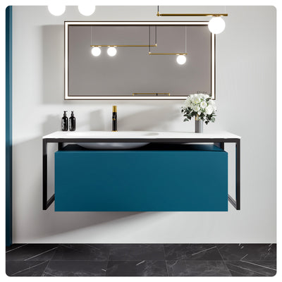 Modena 51"W x 18"D Blue Wall Mount Bathroom Vanity with White Solid Surface Countertop and Integrated Sink