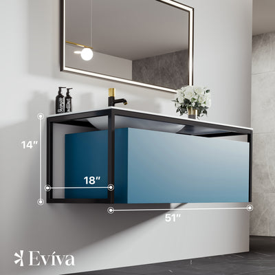 Modena 51"W x 18"D Blue Wall Mount Bathroom Vanity with White Solid Surface Countertop and Integrated Sink