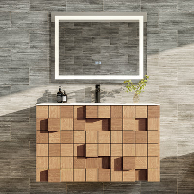 Mosaic 33"W x 20"D Natural Oak Wall Mount Bathroom Vanity with White Solid Surface Countertop and Integrated Sink