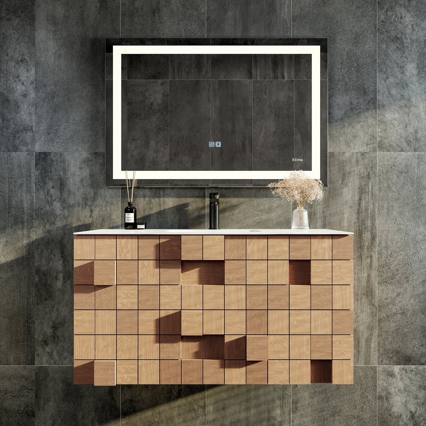 Mosaic 36"W x 20"D Natural Oak Wall Mount Bathroom Vanity with White Solid Surface Countertop and Integrated Sink