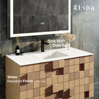 Mosaic 36"W x 20"D Natural Oak Wall Mount Bathroom Vanity with White Solid Surface Countertop and Integrated Sink