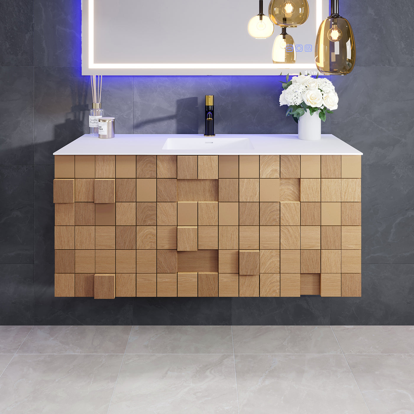 Mosaic 49"W x 20"D Natural Oak Wall Mount Bathroom Vanity with White Solid Surface Countertop and Integrated Sink