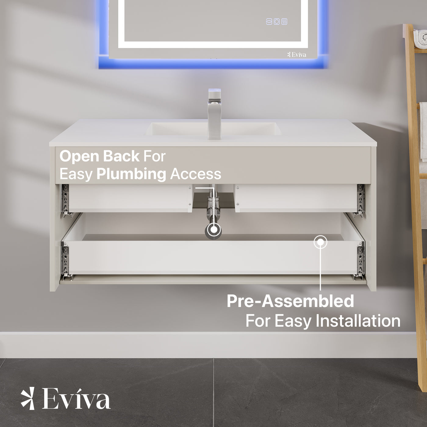 Element 44"W x 20"D White Wall Mount Bathroom Vanity with White Solid Surface Countertop and Integrated Sink