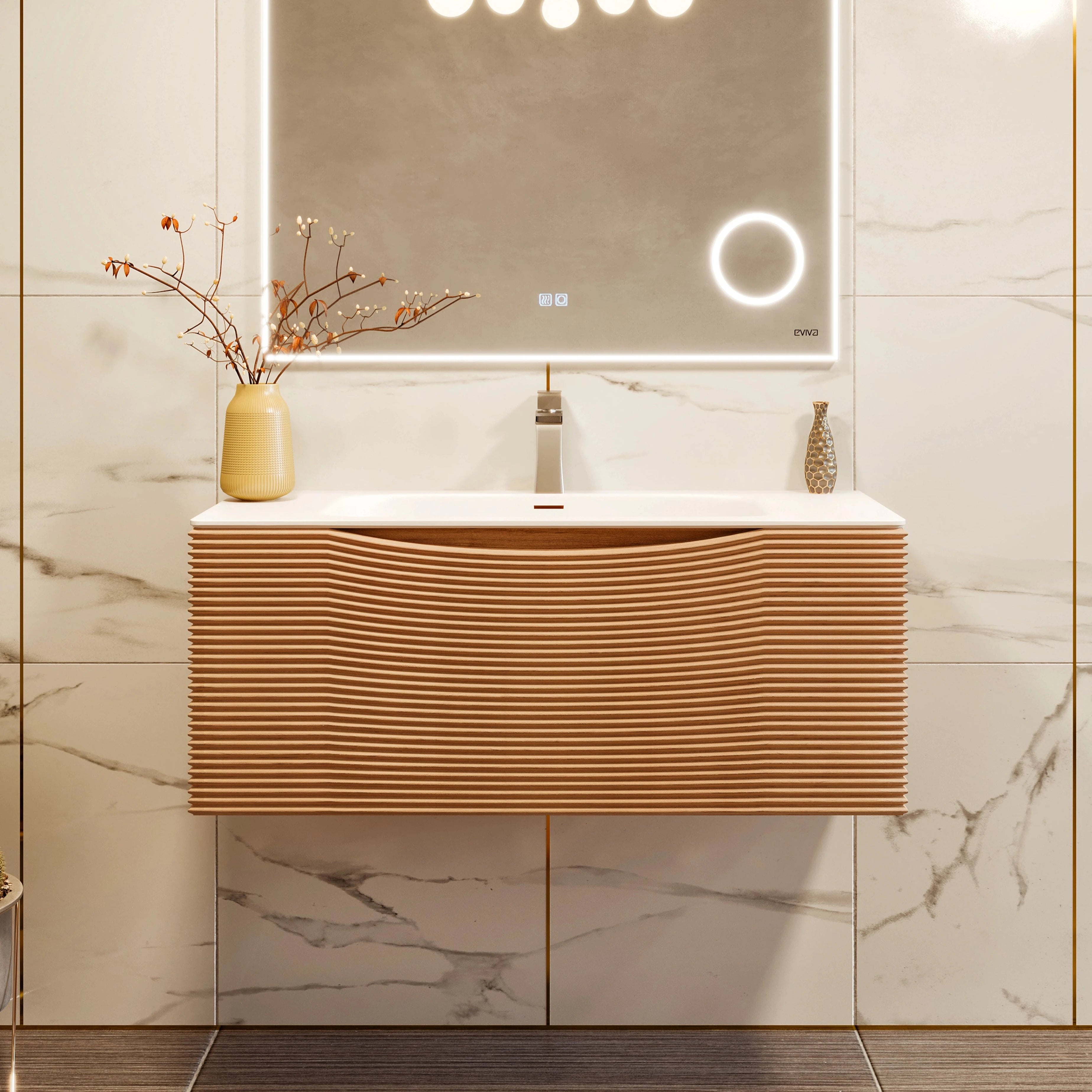 A contemporary medium oak wall mount bath vanity with a solid surface top and integrated sink, featuring a wavy geometric design, placed against a bathroom backdrop with marble tiles and a mirror with a built-in light shelf.