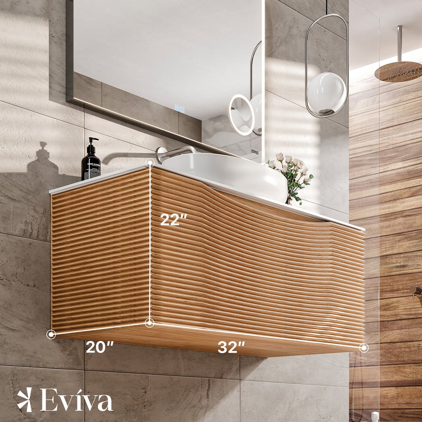 Eviva Leah 32 Inch Medium Oak Wall Mount Solid Ash Wood Bathroom Vanity
