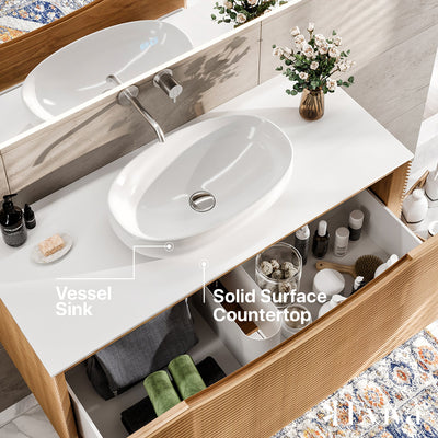 Leah 32"W x 20"D Medium Oak Wall Mount Bathroom Vanity with White Solid Surface Countertop and Vessel Solid Surface Sink