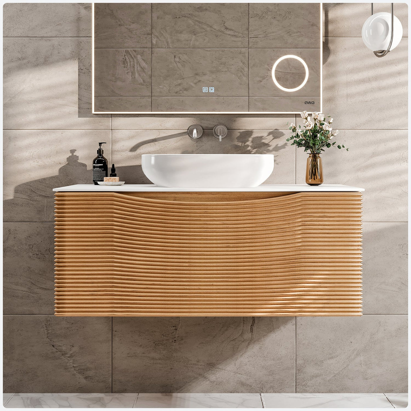 Leah 32"W x 20"D Medium Oak Wall Mount Bathroom Vanity with White Solid Surface Countertop and Vessel Solid Surface Sink