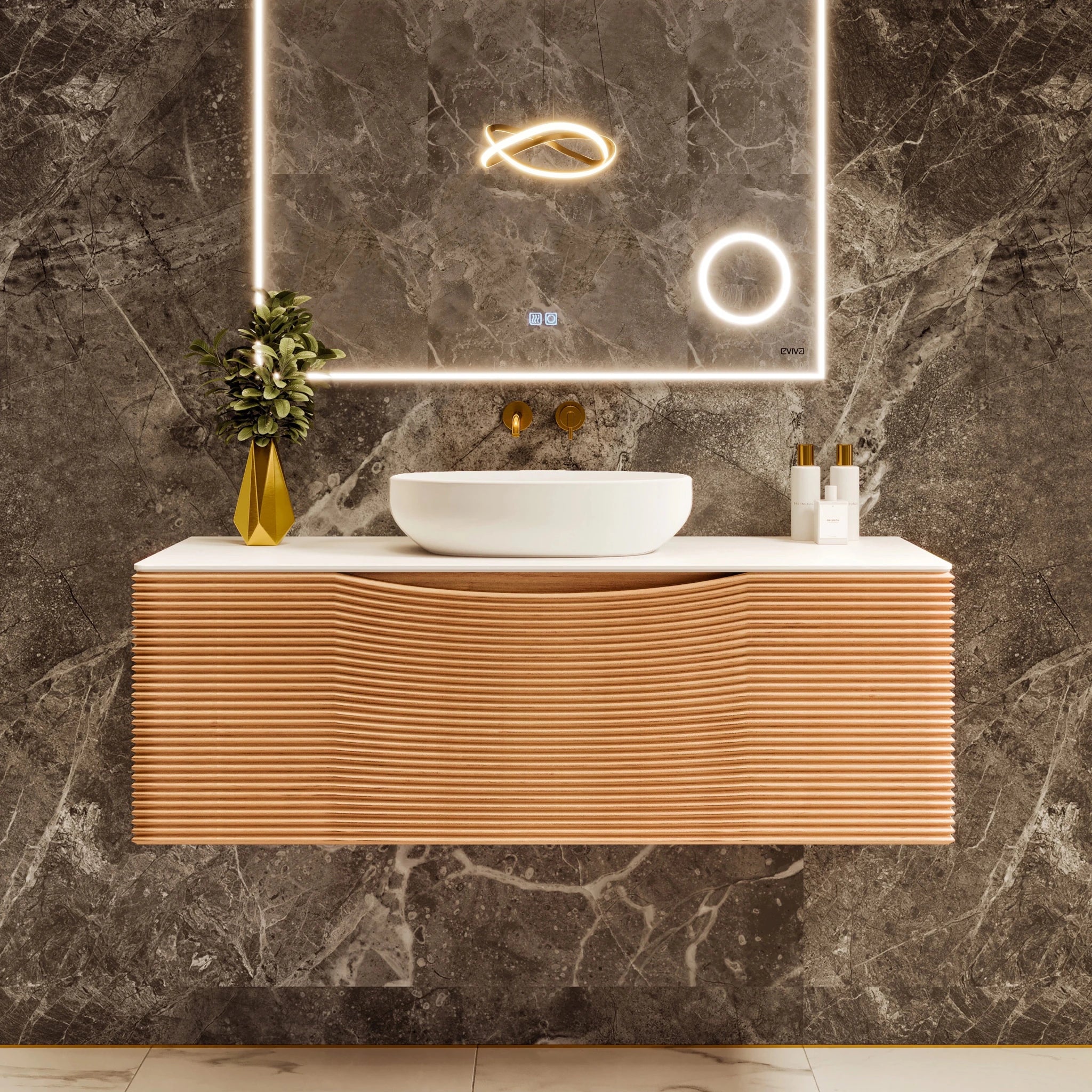 Leah 39 in. Medium Oak Wall Mount Single Sink Bath Vanity with Solid Surface Top and Vessel Solid Surface Sink - Bathroom Vanity by Eviva