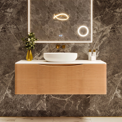 Leah 39 in. Medium Oak Wall Mount Single Sink Bath Vanity with Solid Surface Top and Vessel Solid Surface Sink