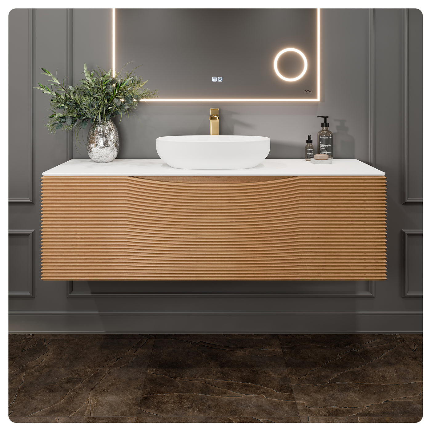 Leah 44"W x 20"D Medium Oak Wall Mount Bathroom Vanity with White Solid Surface Countertop and Vessel Solid Surface Sink