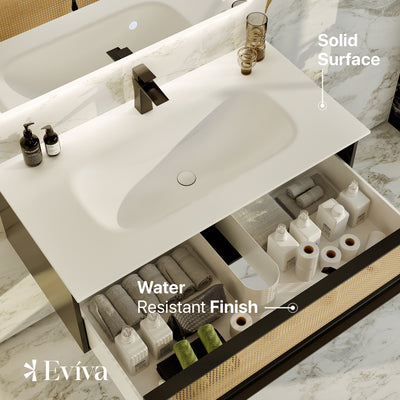 Nets 32"W x 20"D Natural Oak Wall Mount Bathroom Vanity with White Solid Surface Countertop and Integrated Sink