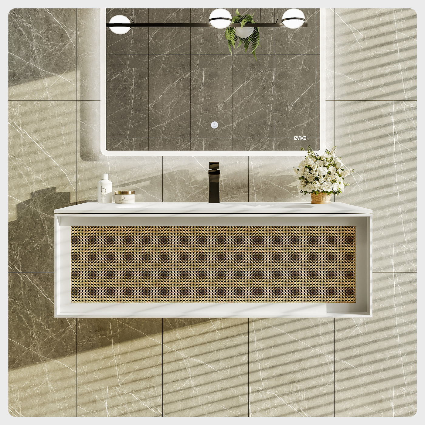 Nets 32"W x 20"D Natural Oak Wall Mount Bathroom Vanity with White Solid Surface Countertop and Integrated Sink